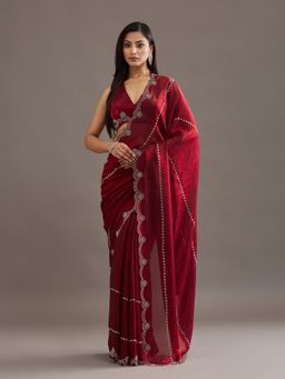 Kasee - Women Red Satin Embellished Saree With Unstitched Blouse