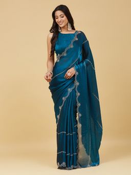 Kasee - Women Teal Satin Embellished Saree With Unstitched Blouse