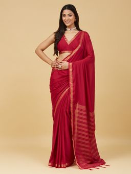 Kasee - Women Magenta Silk Blend Embroidered Saree With Unstitched Blouse