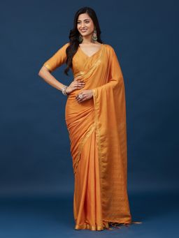 Kasee - Women Yellow Silk Blend Embroidered Saree With Unstitched Blouse