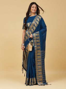 Kasee - Women Blue Silk Blend Handloom Saree With Unstitched Blouse