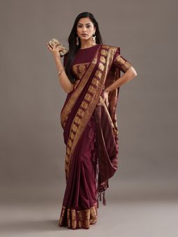 Kasee - Women Wine Rayon Embroidered Saree With Unstitched Blouse