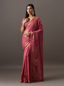 Kasee - Women Pink Viscose Rayon Handloom Saree With Unstitched Blouse