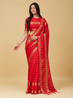 Kasee - Women Red Silk Blend Handloom Saree With Unstitched Blouse