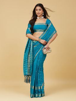 Kasee - Women Turquoise Silk Blend Handloom Saree With Unstitched Blouse