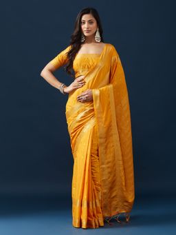 Kasee - Women Yellow Silk Blend Handloom Saree With Unstitched Blouse