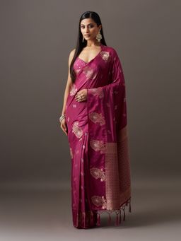 Kasee - Women Magenta Viscose Rayon Handloom Saree With Unstitched Blouse
