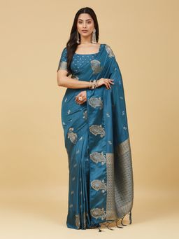 Kasee - Women Turquoise Silk Blend Handloom Saree With Unstitched Blouse