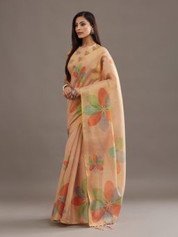 Kasee - Women Peach Organza Printed Saree With Unstitched Blouse