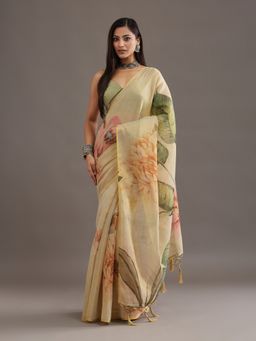 Kasee - Women Cream Organza Printed Saree With Unstitched Blouse