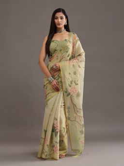Kasee - Women Green Organza Printed Saree With Unstitched Blouse
