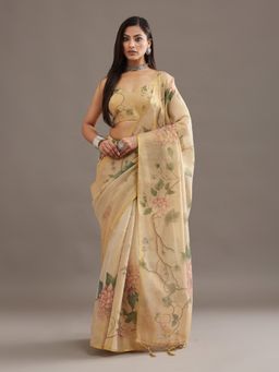 Kasee - Women Gold Organza Printed Saree With Unstitched Blouse