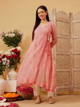 ADA - Hand Embroidered Peach Kota Angarkha Lucknowi Chikankari Kurta