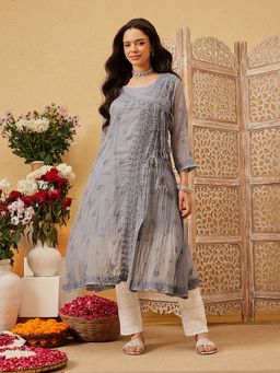 ADA - Hand Embroidered Grey Kota Angarkha Lucknowi Chikankari Kurta