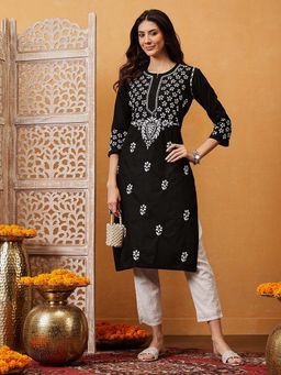 ADA - Hand Embroidered Black Cotton Lucknowi Chikankari Kurta