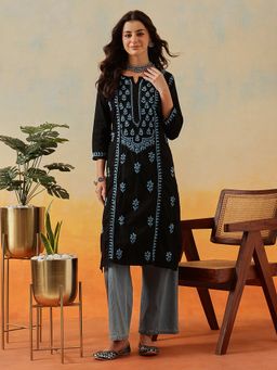 ADA - Black Hand Embroidered Cotton Lucknowi Chikankari Kurta