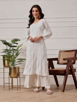 ADA - Hand Embroidered White Modal Lucknowi Chikankari Kurta