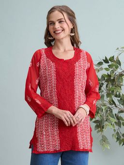 ADA - Hand Embroidered Red Georgette Lucknowi Chikankari Short Kurti