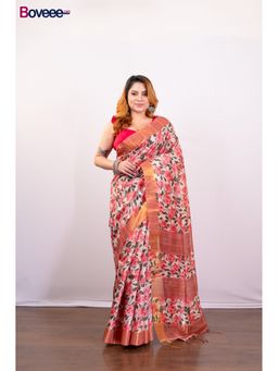 Boveee - Pink Floral Jaal Printed Soft Tussar Silk Saree Without Blouse