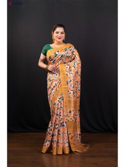 Boveee - Yellow Floral Jaal Printed Soft Tussar Silk Saree Without Blouse