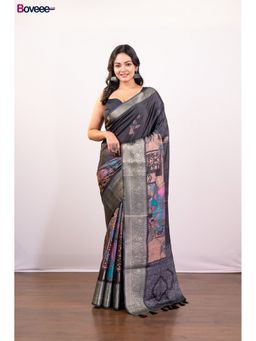 Boveee - Black Floral Printed Soft Gaji Silk Saree Without Blouse