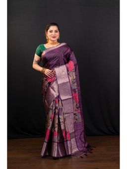 Boveee - Purple Floral Printed Soft Gaji Silk Saree Without Blouse