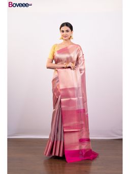 Boveee - Gold And Pink Dual Tone Tissue Silk Saree Without Blouse