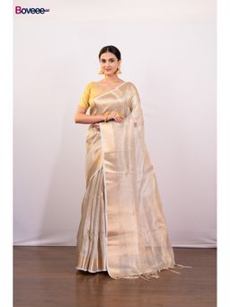 Boveee - Golden Beige Tissue Silk Saree Without Blouse