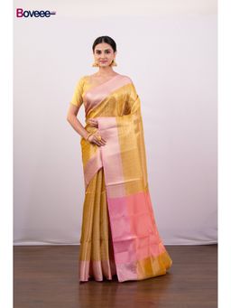 Boveee - Yellow Tissue Silk Saree Without Blouse