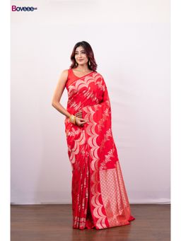 Boveee - Red Pure Banarasi Katan Silk Saree Without Blouse