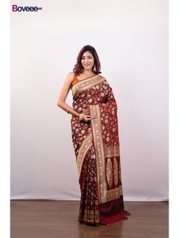 Boveee - Maroon Pure Banarasi Katan Silk Saree Without Blouse