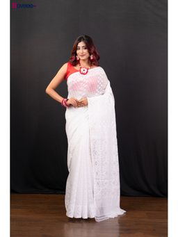 Boveee - White Cotton Jamdani Saree Without Blouse