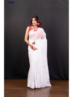 Boveee - White Cotton Jamdani Saree Without Blouse