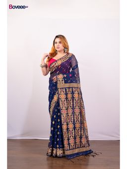 Boveee - Navy Blue Cotton Jamdani Saree Without Blouse