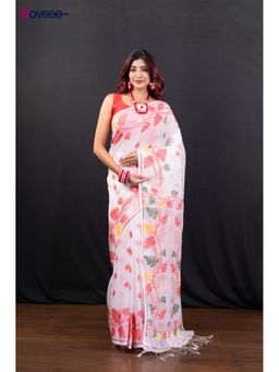 Boveee - Off White Cotton Jamdani Saree Without Blouse