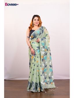 Boveee - Mint Green Cotton Jamdani Saree Without Blouse