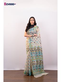 Boveee - White Cotton Jamdani Saree Without Blouse