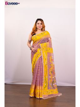 Boveee - Peach And Yellow Cotton Jamdani Saree Without Blouse