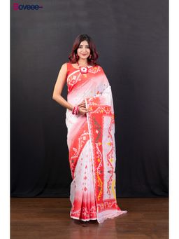 Boveee - White And Red Cotton Jamdani Saree Without Blouse