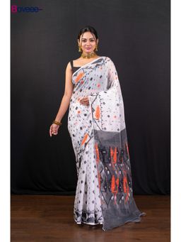 Boveee - White Cotton Jamdani Saree Without Blouse