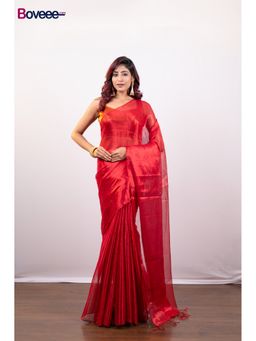 Boveee - Red Tissue Silk Saree Without Blouse