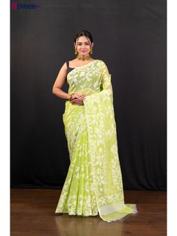 Boveee - Bright Green Cotton Jamdani Saree Without Blouse
