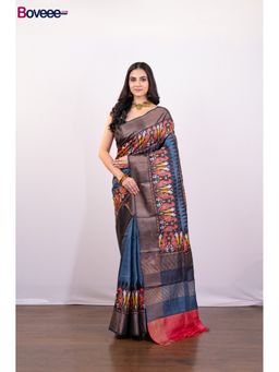 Boveee - Teal Hand Painted Pure Tussar Silk Saree Without Blouse