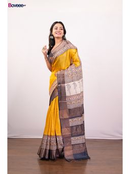 Boveee - Yellow Hand Painted Pure Tussar Silk Saree Without Blouse