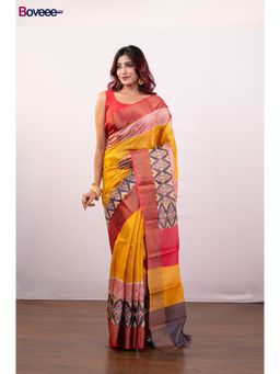 Boveee - Yellow Hand Painted Pure Tussar Silk Saree Without Blouse