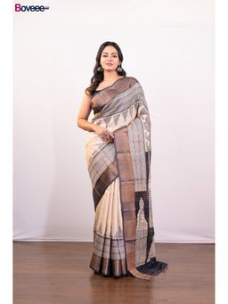 Boveee - White And Black Hand Painted Pure Tussar Silk Saree Without Blouse