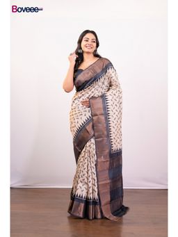 Boveee - Off White And Black Pure Handloom Tussar Silk Saree Without Blouse