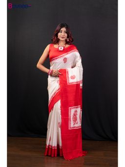 Boveee - White And Red Hand Painted Pure Bishnupur Katan Silk Saree Without Blouse