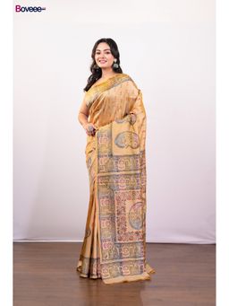 Boveee - Beige Hand Painted Pure Bishnupur Katan Silk Saree Without Blouse