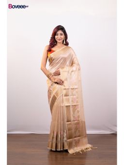 Boveee - Beige Organza Silk Saree Without Blouse